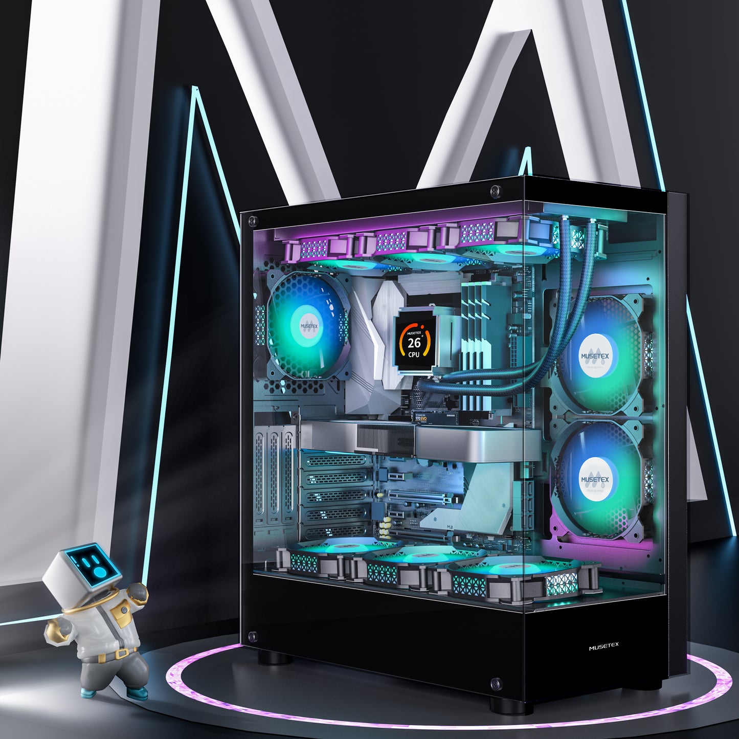 K2-N6-B MUSETEX PC CASE ATX 6 PWM ARGB Fans Pre-Installed, Type-C Mid Tower Computer Case with Full-View Dual Tempered Glass, Gaming PC Case,Black(K2)