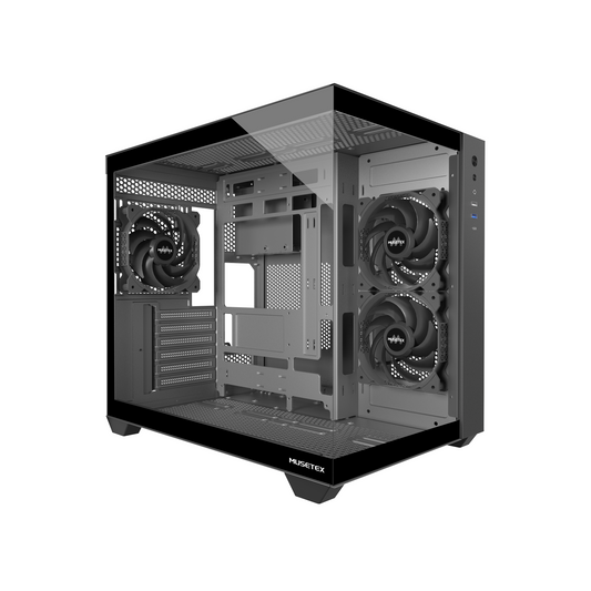 Y6-3-B MUSETEX ATX PC Case, 3 x 120mm Fans Pre-Installed, 360MM RAD Support, 270° Full View Tempered Glass Gaming PC Case with Type-C, Mid Tower ATX Computer Case, Black, Y6