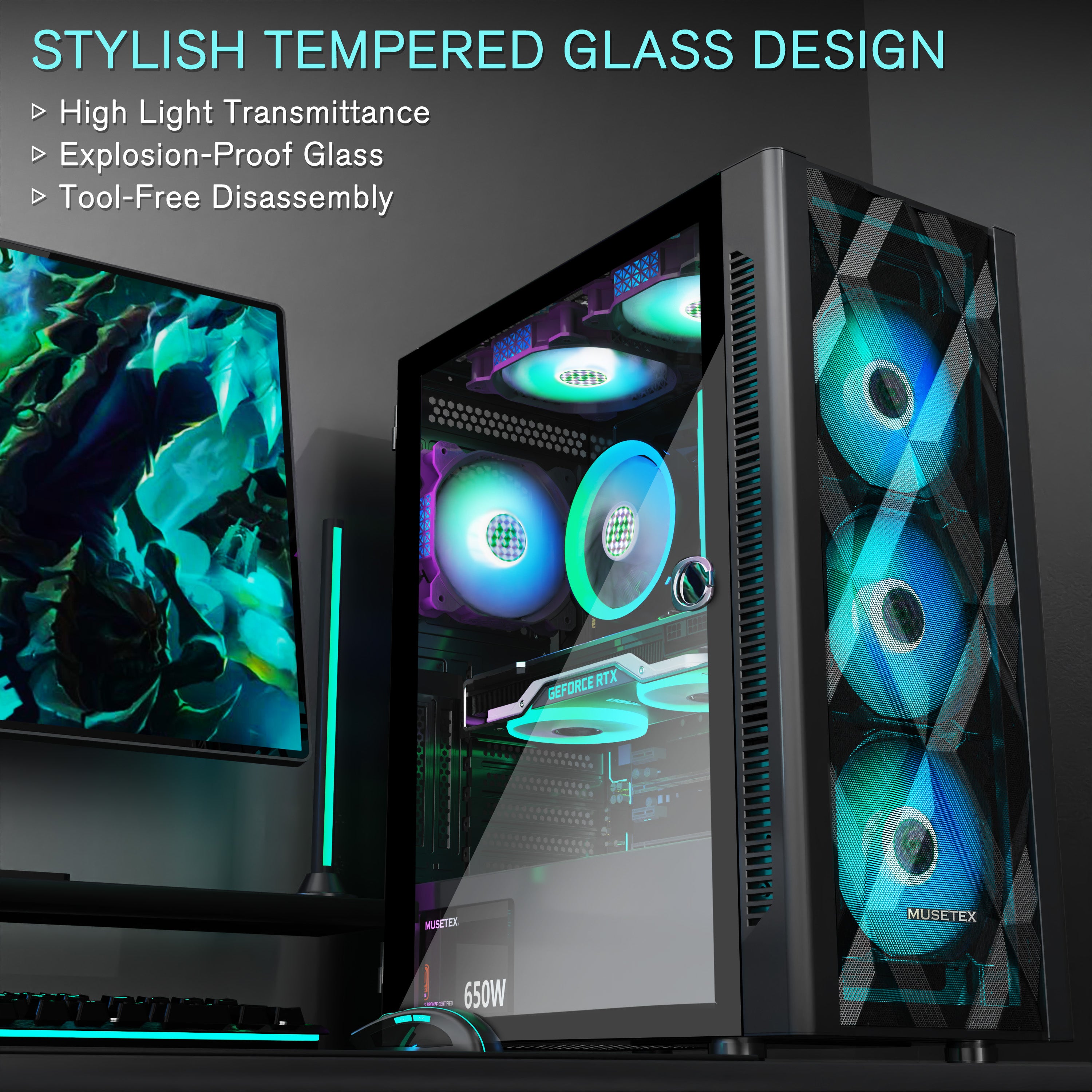 MUSETEX ATX PC Case Pre-Install 6 PWM ARGB Fans, Polygonal Mesh Comput