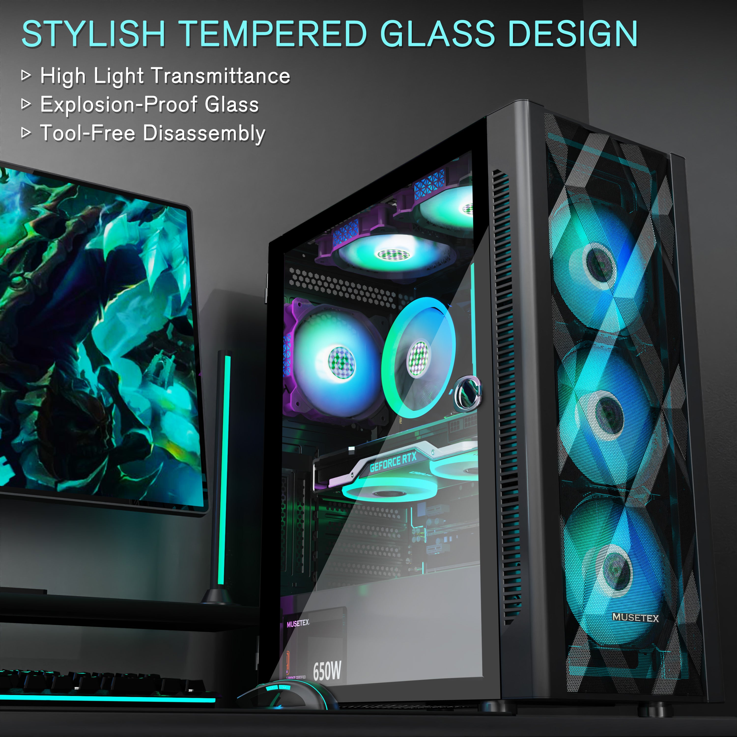 MUSETEX ATX PC Case Pre-Install 6 PWM ARGB Fans, Polygonal Mesh Computer Gaming Case, Opening Tempered Glass Side Panel Mid-Tower Case, USB 3.0 x 2, Black, NN8-PWM